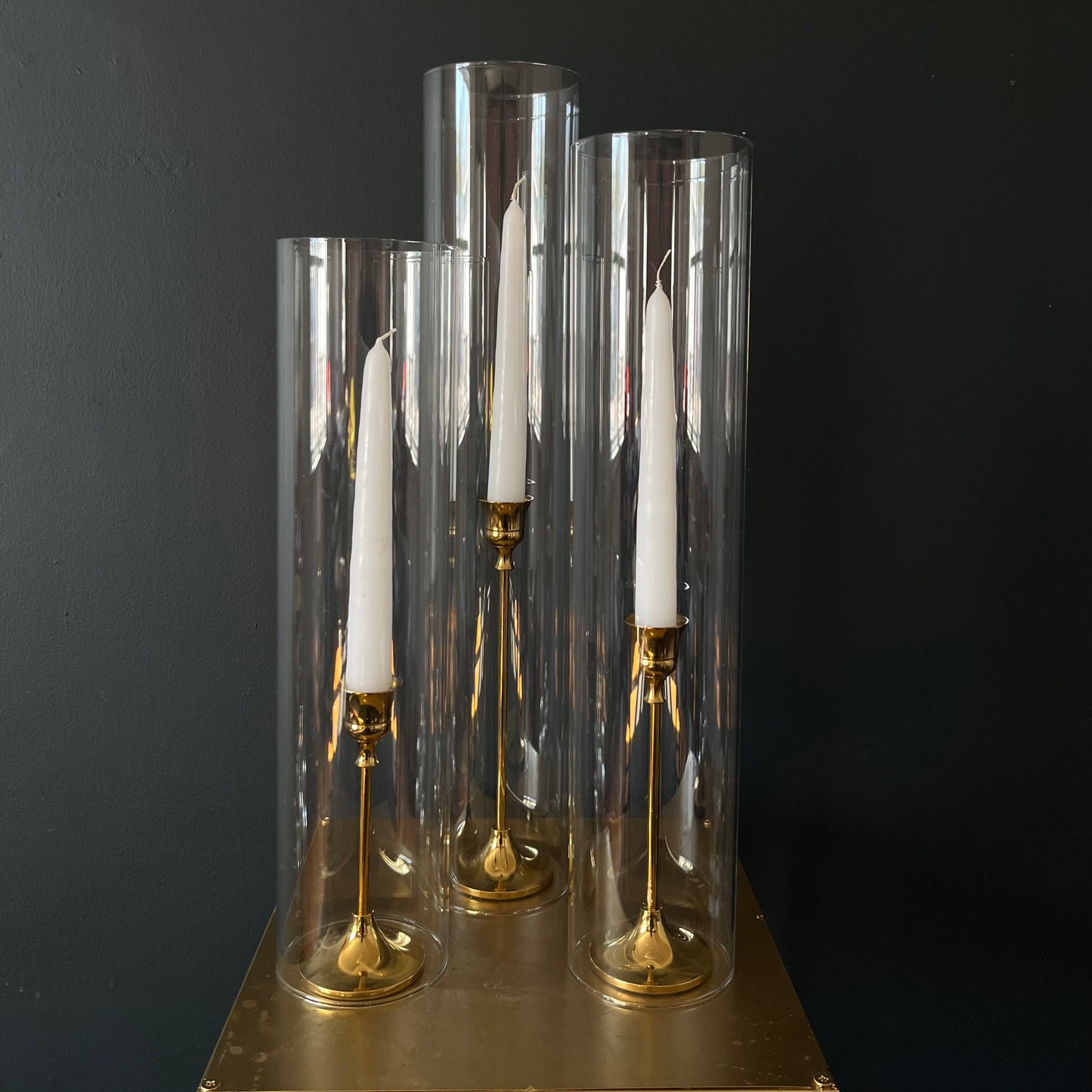 Vintage Style Gold Candlesticks - Set of 3 with Glass Hurricanes